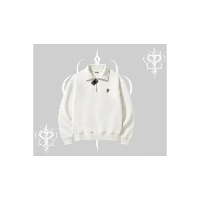 Beyaz Yarım Fermuarlı Sweatshirt Özel logolu