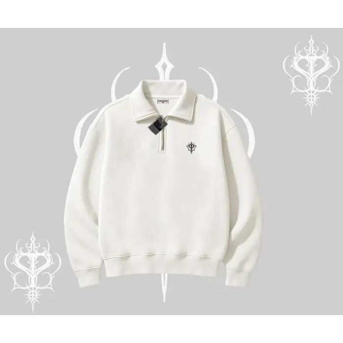 Beyaz Yarım Fermuarlı Sweatshirt Özel logolu