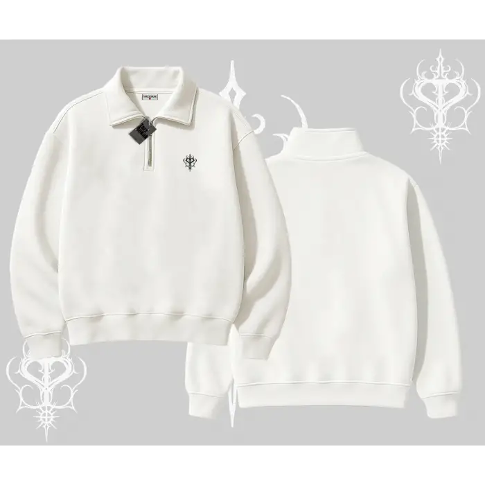 Beyaz Yarım Fermuarlı Sweatshirt Özel logolu