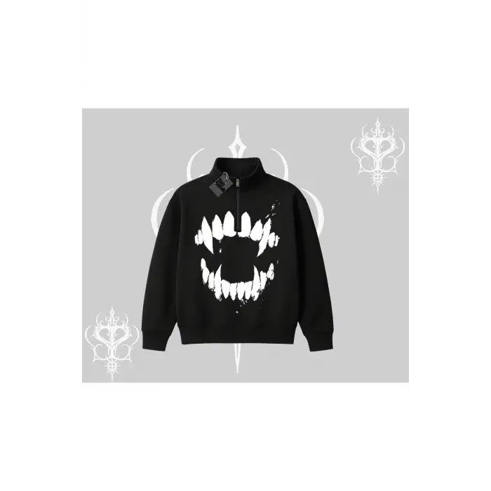Beyaz Yarım Fermuarlı Sweatshirt Vampir Dış