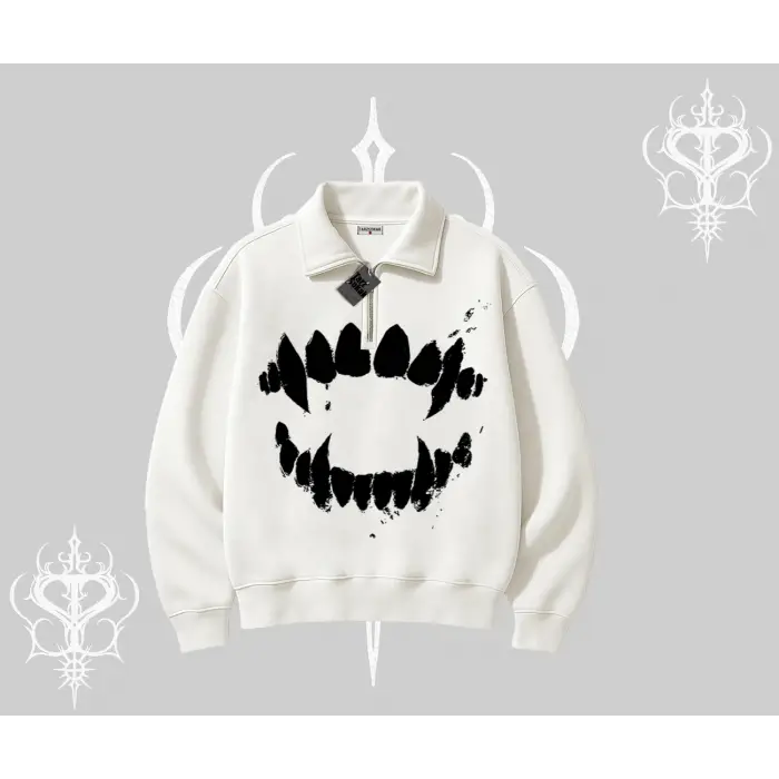 Beyaz Yarım Fermuarlı Sweatshirt Vampir Dış