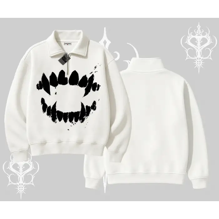 Beyaz Yarım Fermuarlı Sweatshirt Vampir Dış