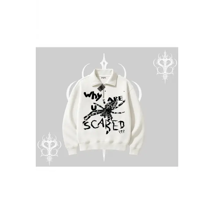 Beyaz Yarım Fermuarlı Sweatshirt Why are u Scared