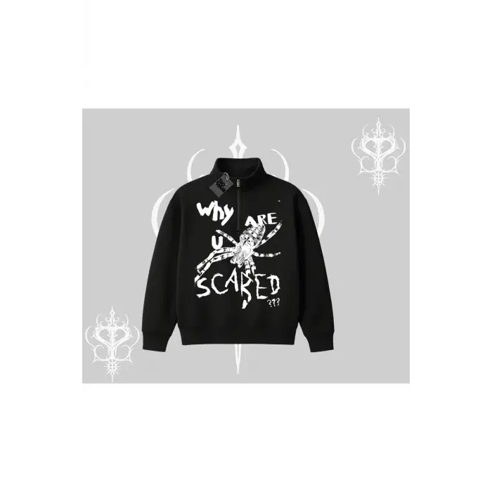 Beyaz Yarım Fermuarlı Sweatshirt Why are u Scared