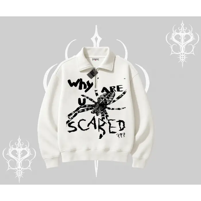 Beyaz Yarım Fermuarlı Sweatshirt Why are u Scared