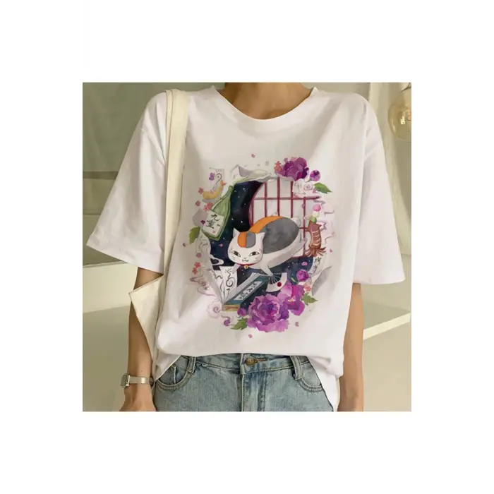 Beyaz Yeni Sevimli Kedi Komik Karikatür Baskı Tshirt Harajuku Kawaii T-shi