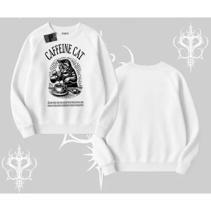 Biskilet Sweatshirt Caffeine Cat Kahve Temalı Kedi Baskılı