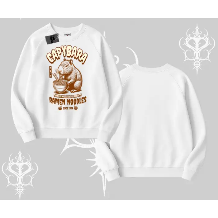 Biskilet Sweatshirt Cute Capybara Enjoying Ramen Noodles Artwork