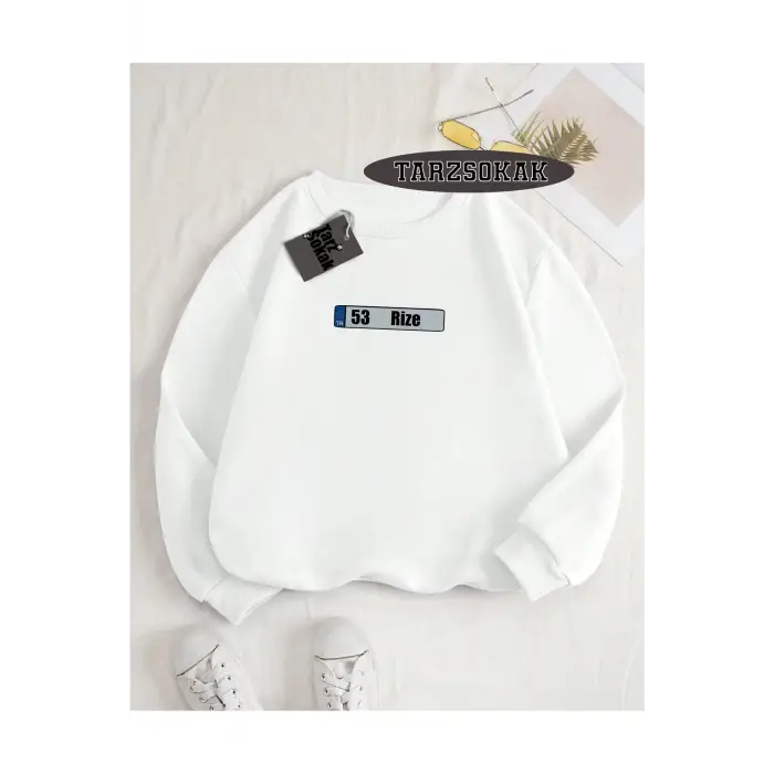 Biskilet Yaka Sweatshirt Beyaz 53 Rize Özel Tasarım Plaka Detaylı