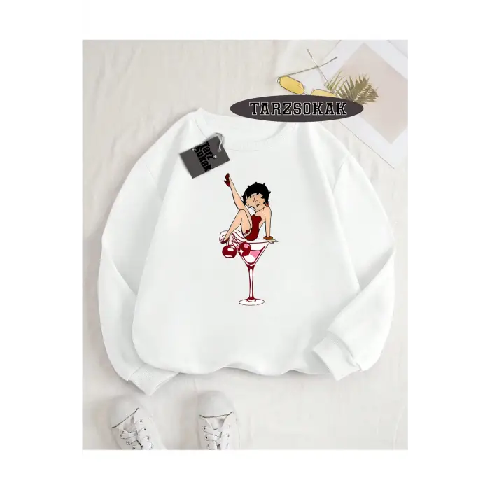 Biskilet Yaka Sweatshirt Beyaz Betty Boop Özel Tasarım