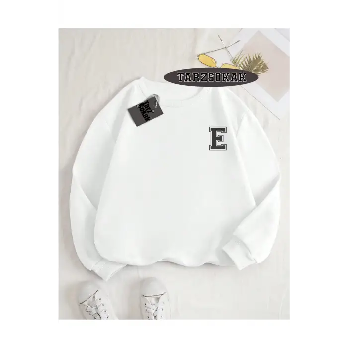 Biskilet Yaka Sweatshirt Beyaz E HARFİ İSME Özel Tasarım