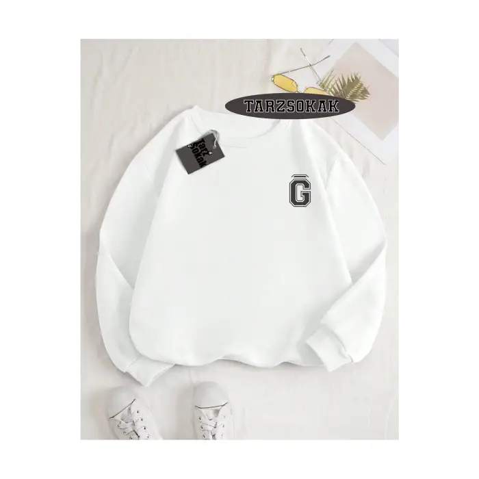 Biskilet Yaka Sweatshirt Beyaz Ğ HARFİ İSME Özel Tasarım