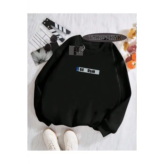 Biskilet Yaka Sweatshirt Siyah 64 Uşak Özel Tasarım Plaka Detaylı