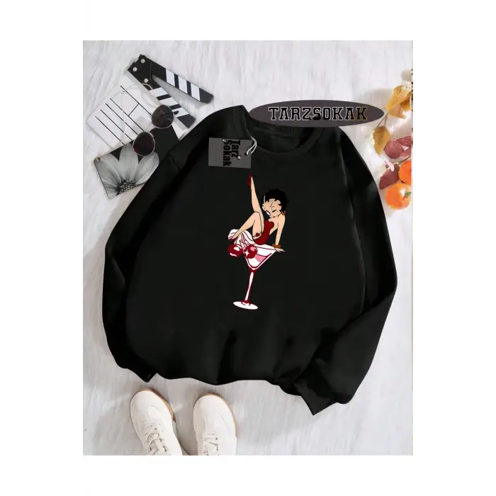 Biskilet Yaka Sweatshirt Siyah Betty Boop Özel Tasarım