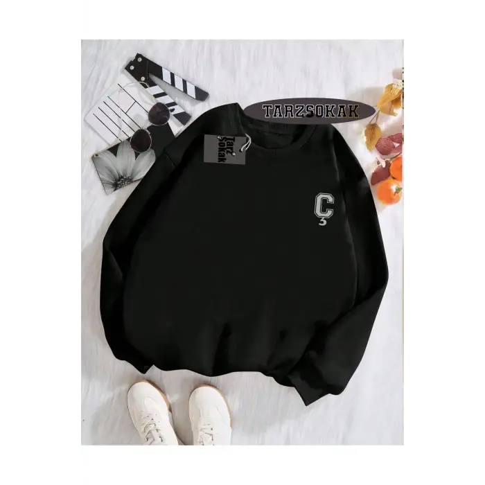 Biskilet Yaka Sweatshirt Siyah Ç HARFİ İSME Özel Tasarım