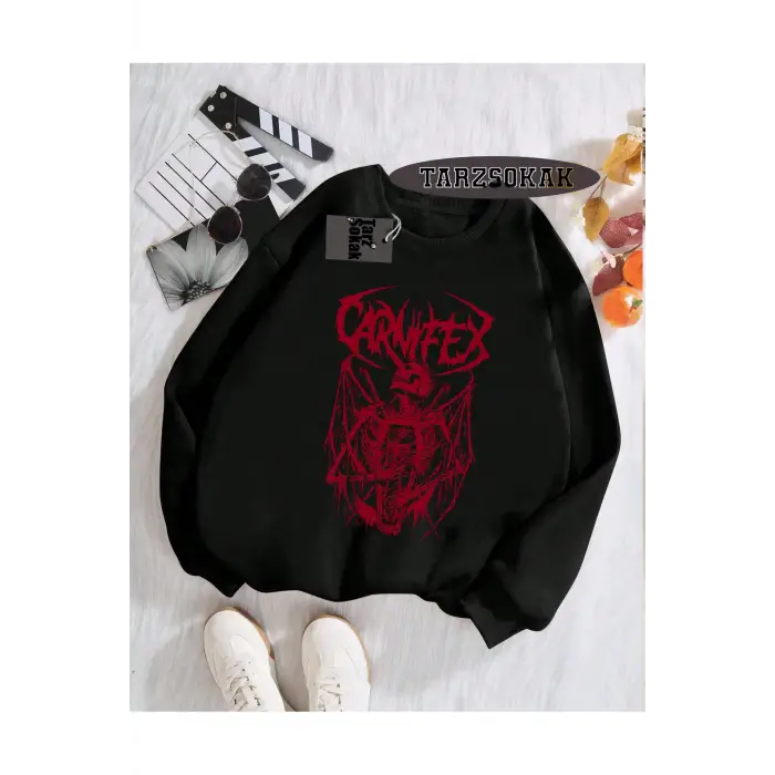 Biskilet Yaka Sweatshirt Siyah Carnifex Özel Tasarım