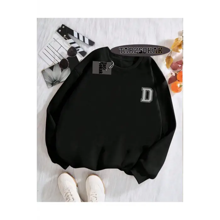 Biskilet Yaka Sweatshirt Siyah D HARFİ İSME Özel Tasarım