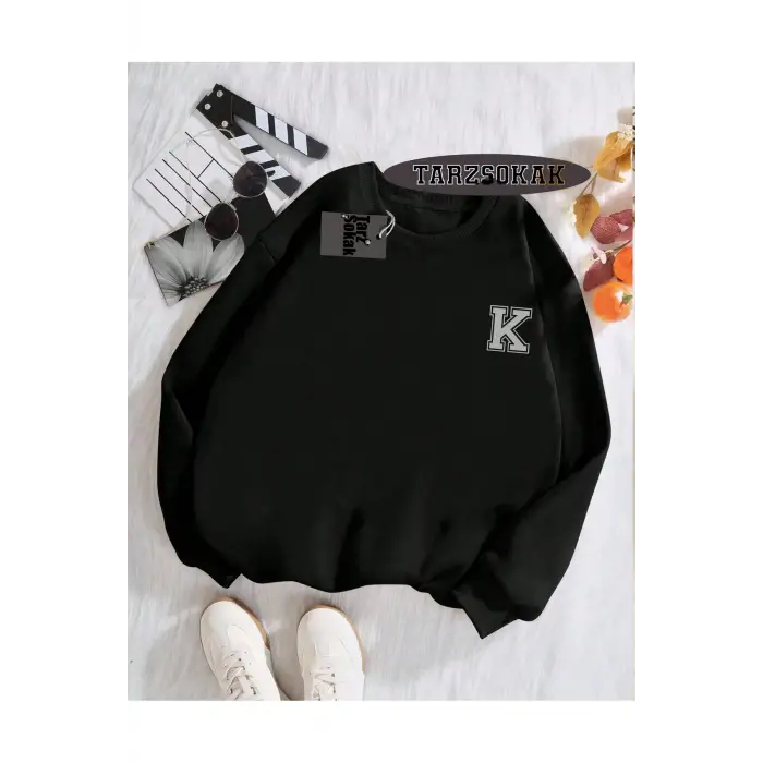 Biskilet Yaka Sweatshirt Siyah K HARFİ İSME Özel Tasarım
