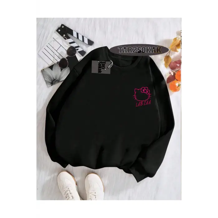 Biskilet Yaka Sweatshirt Siyah LABZA HELLO KİTTY Özel Tasarım