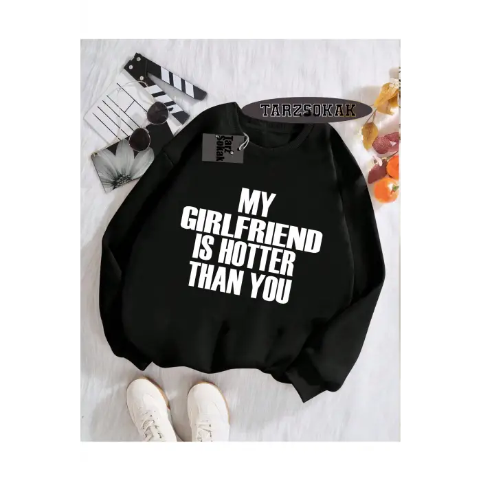 Biskilet Yaka Sweatshirt Siyah My Girlfriend Özel Tasarım