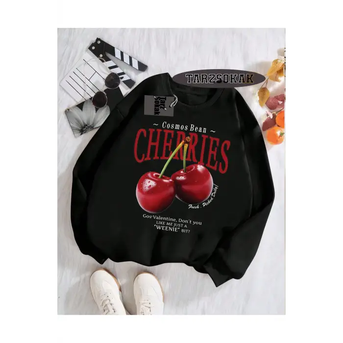 Biskilet Yaka Sweatshirt Siyah Red Cherries Özel Tasarım