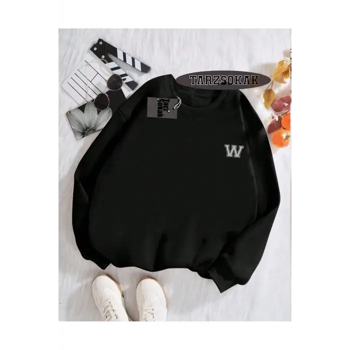 Biskilet Yaka Sweatshirt Siyah W HARFİ İSME Özel Tasarım