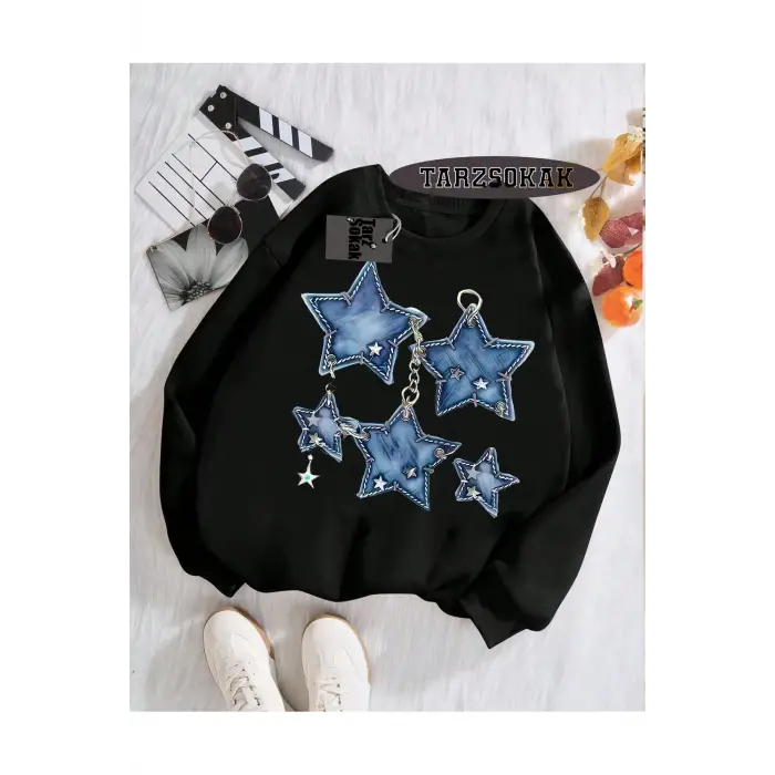 Biskilet Yaka Sweatshirt Siyah YILDIZ DESENLİ Özel Tasarım