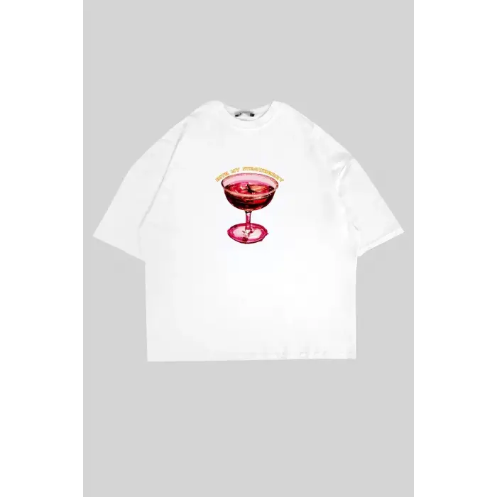 Bite My Strawberry Baskılı Beyaz Oversize Unisex