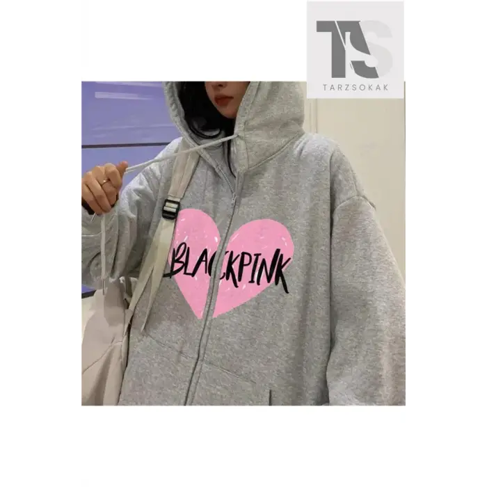 Blackpink Kalp Sweatshirt Fermuarlı Hırka