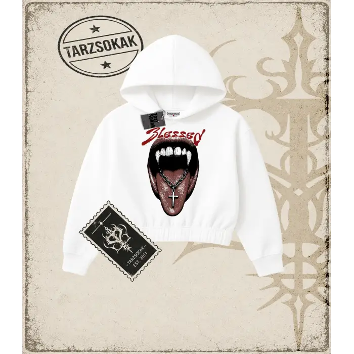BLESSED Kadın Crop Kapşonlu Sweatshirt