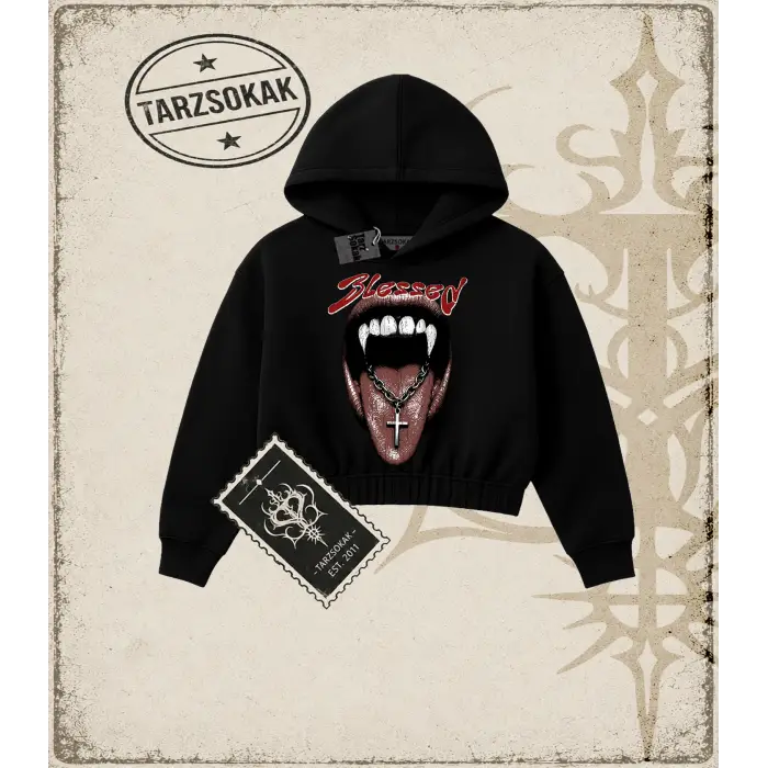 BLESSED Kadın Crop Kapşonlu Sweatshirt