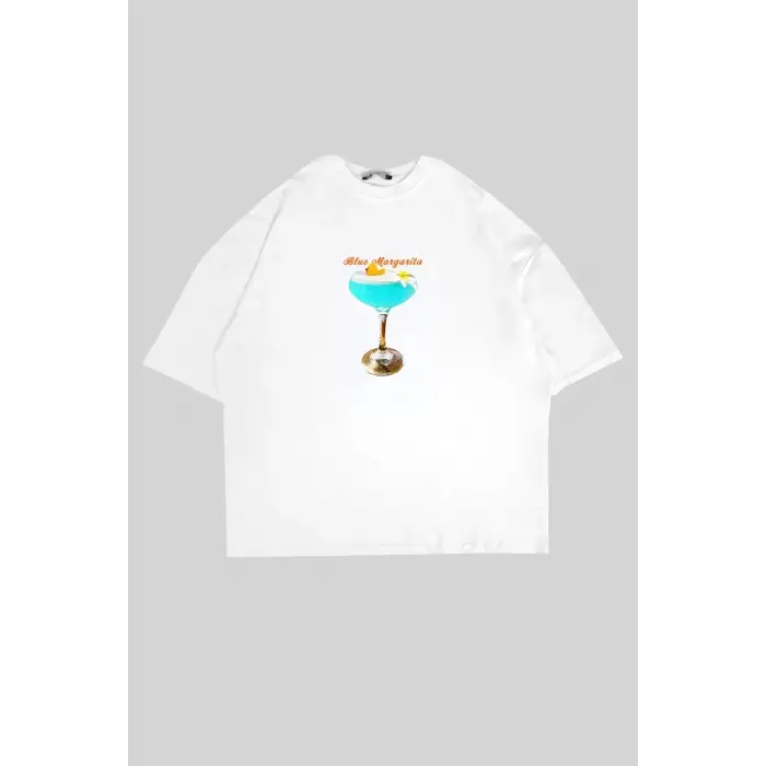 Blue Margarita Baskılı Beyaz Oversize Unisex