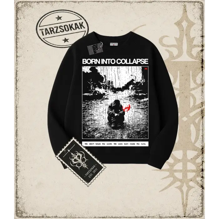 BORN COLLAPSE Oversize Unisex Bisiklet Yaka Sweatshirt