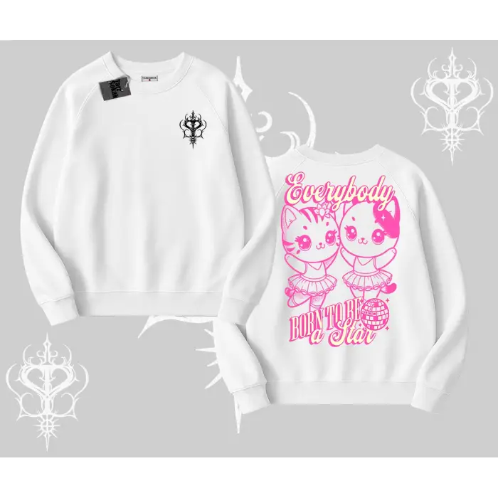 Born to Be a Star Yazılı Sevimli Kedi Arka Baskılı Biskilet Sweatshirt
