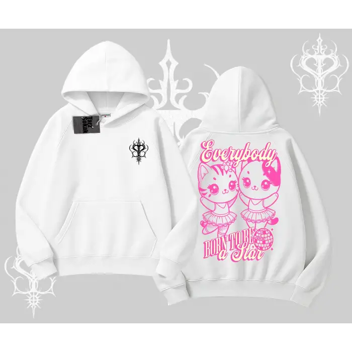 Born to Be a Star Yazılı Sevimli Kedi Arka Baskılı Kapşonlu Sweatshirt