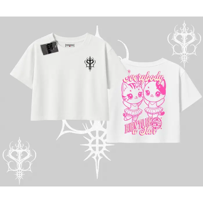 Born to Be a Star Yazılı Sevimli Kedi Arka Baskılı Oversize Crop Tshirt