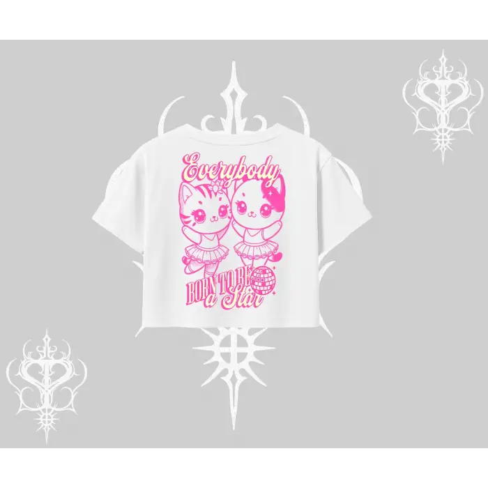 Born to Be a Star Yazılı Sevimli Kedi Arka Baskılı Oversize Crop Tshirt