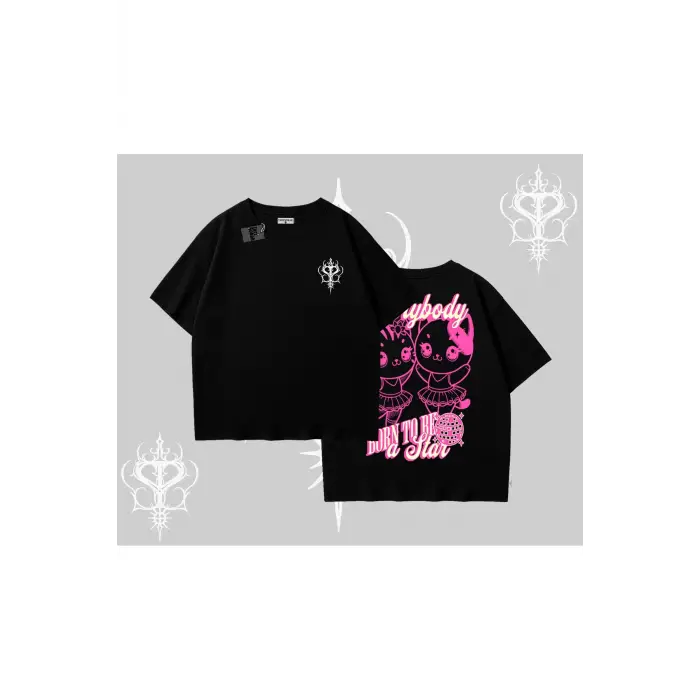Born to Be a Star Yazılı Sevimli Kedi Arka Baskılı Oversize Tshirt