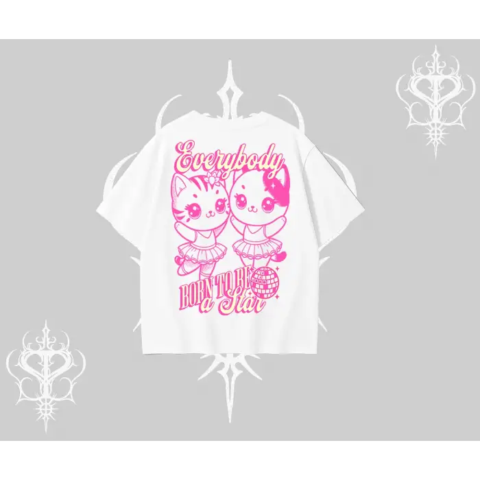 Born to Be a Star Yazılı Sevimli Kedi Arka Baskılı Oversize Tshirt