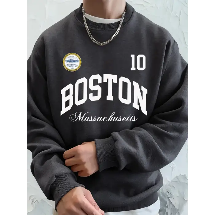 Boston Massachusetts Baskılı Erkek Tişörtü Sonbahar Gevşek Kapüşonlu Üst Hip Hop Bisiklet Yak