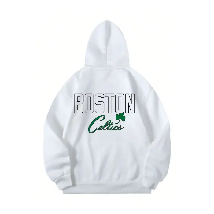 Boston Renkli Baskılı Oversize Kapüşonlu Sweatshirt Beyaz