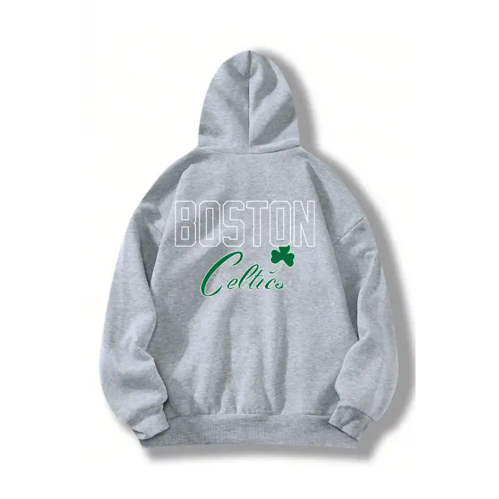 Boston Renkli Baskılı Oversize Kapüşonlu Sweatshirt Gri