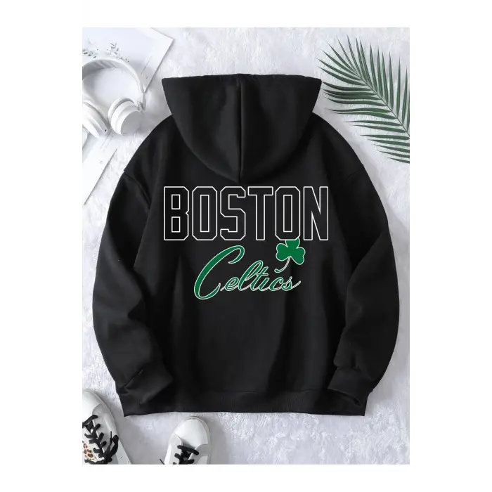Boston Renkli Baskılı Oversize Kapüşonlu Sweatshirt Siyah