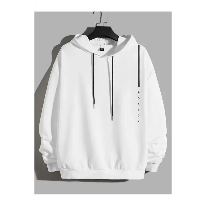 BOSTON Renkli Oversize Kapüşonlu Sweatshirt Beyaz