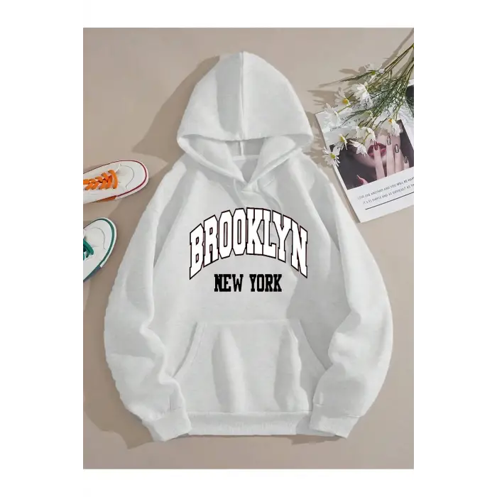Brooklyn Baskılı Üç İplik Ünisex Oversize Kapüşonlu Sweatshirt Beyaz