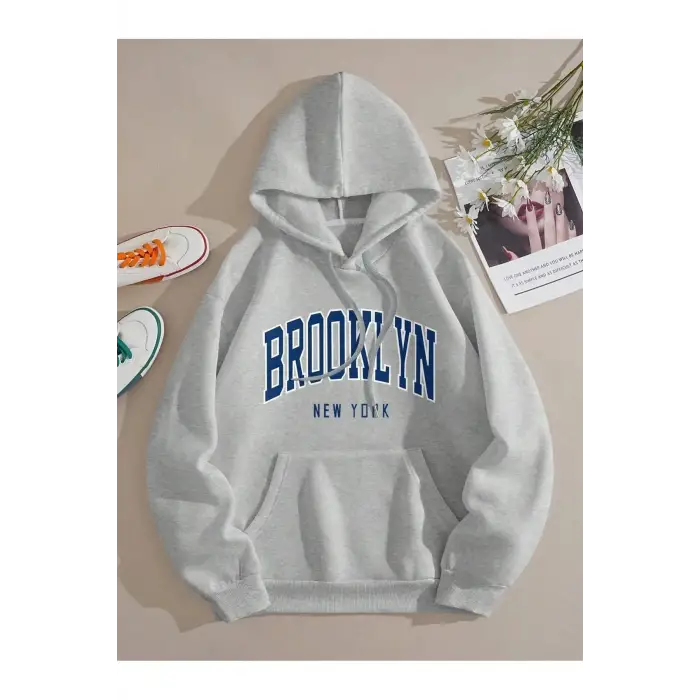 Brooklyn Baskılı Üç İplik Ünisex Oversize Kapüşonlu Sweatshirt Gri