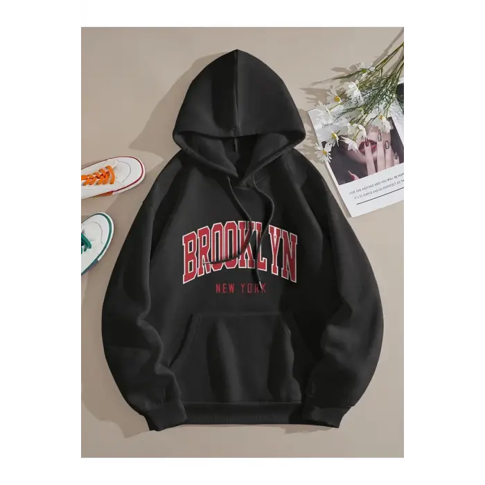 Brooklyn Baskılı Üç İplik Ünisex Oversize Kapüşonlu Sweatshirt Siyah