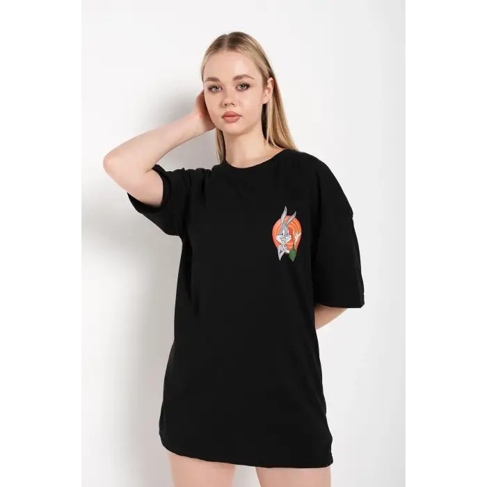Bugs Bunny Baskılı Siyah Oversize Tshırt