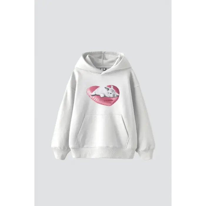 Bunny Baskılı Oversize Unisex Beyaz