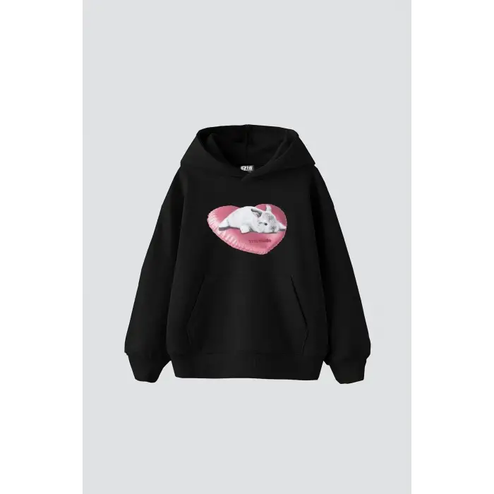Bunny Baskılı Oversize Unisex Siyah